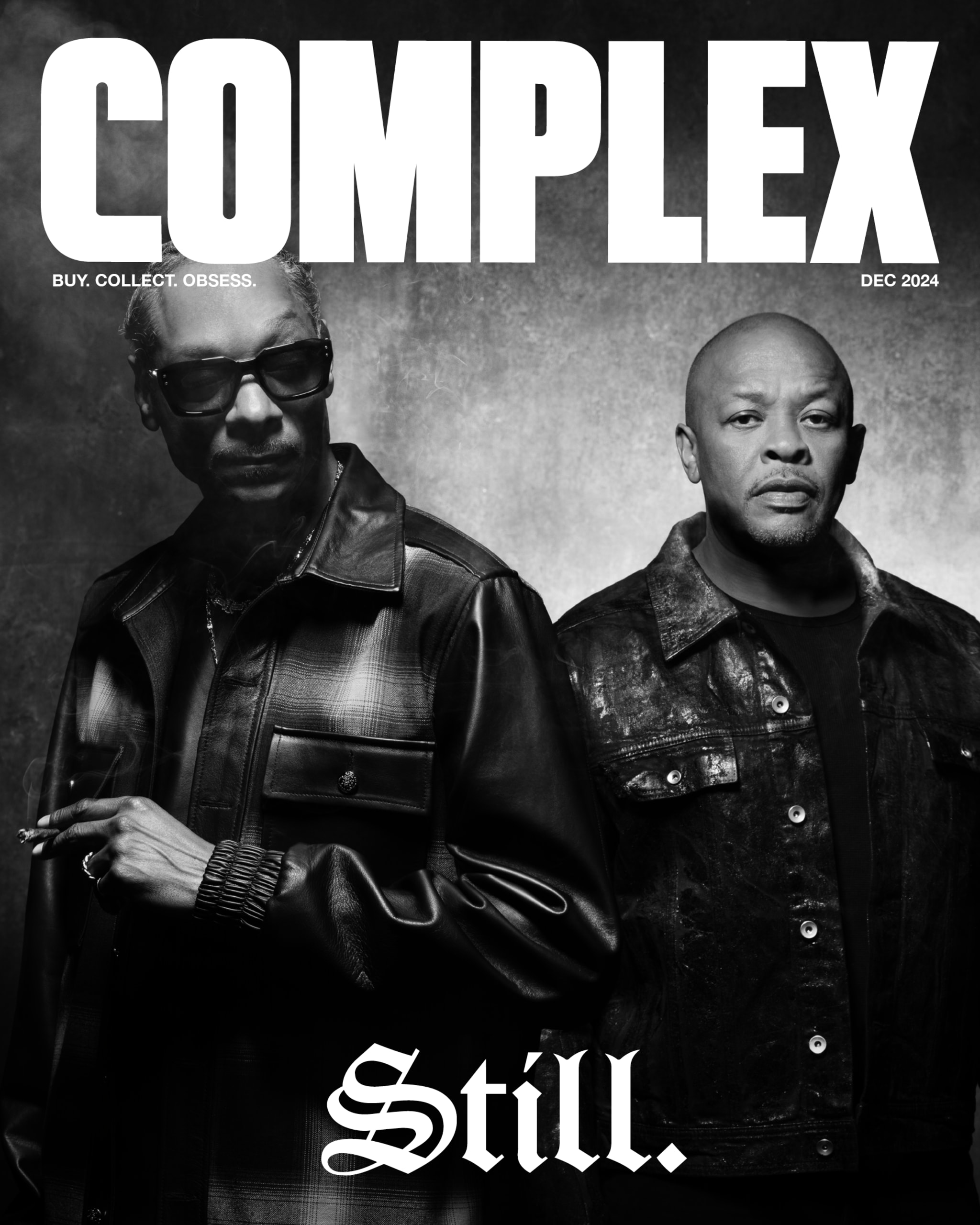 Dr. Dre and Snoop Dogg in a black and white photo on the cover of Complex Magazine.