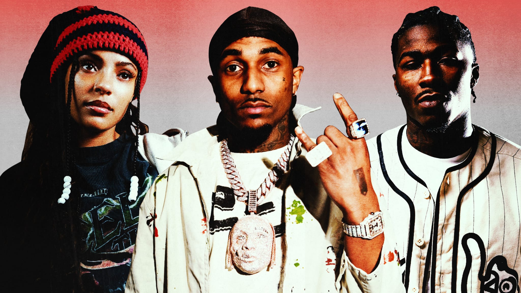 Three individuals posing confidently, Samara Cyn wearing a red beanie, Loe Shimmy with jewelry and a hand gesture, and Nino Paid in a striped shirt.