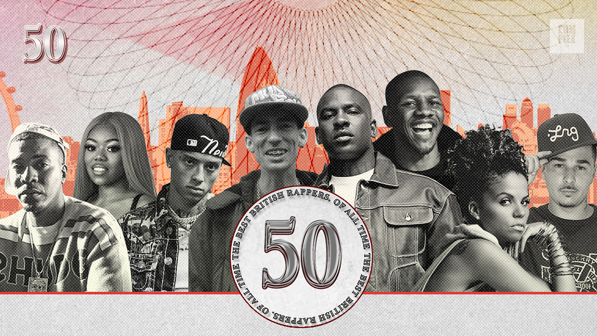 Collage of British rappers with a cityscape background and the number 50 in the center, celebrating top UK rappers.