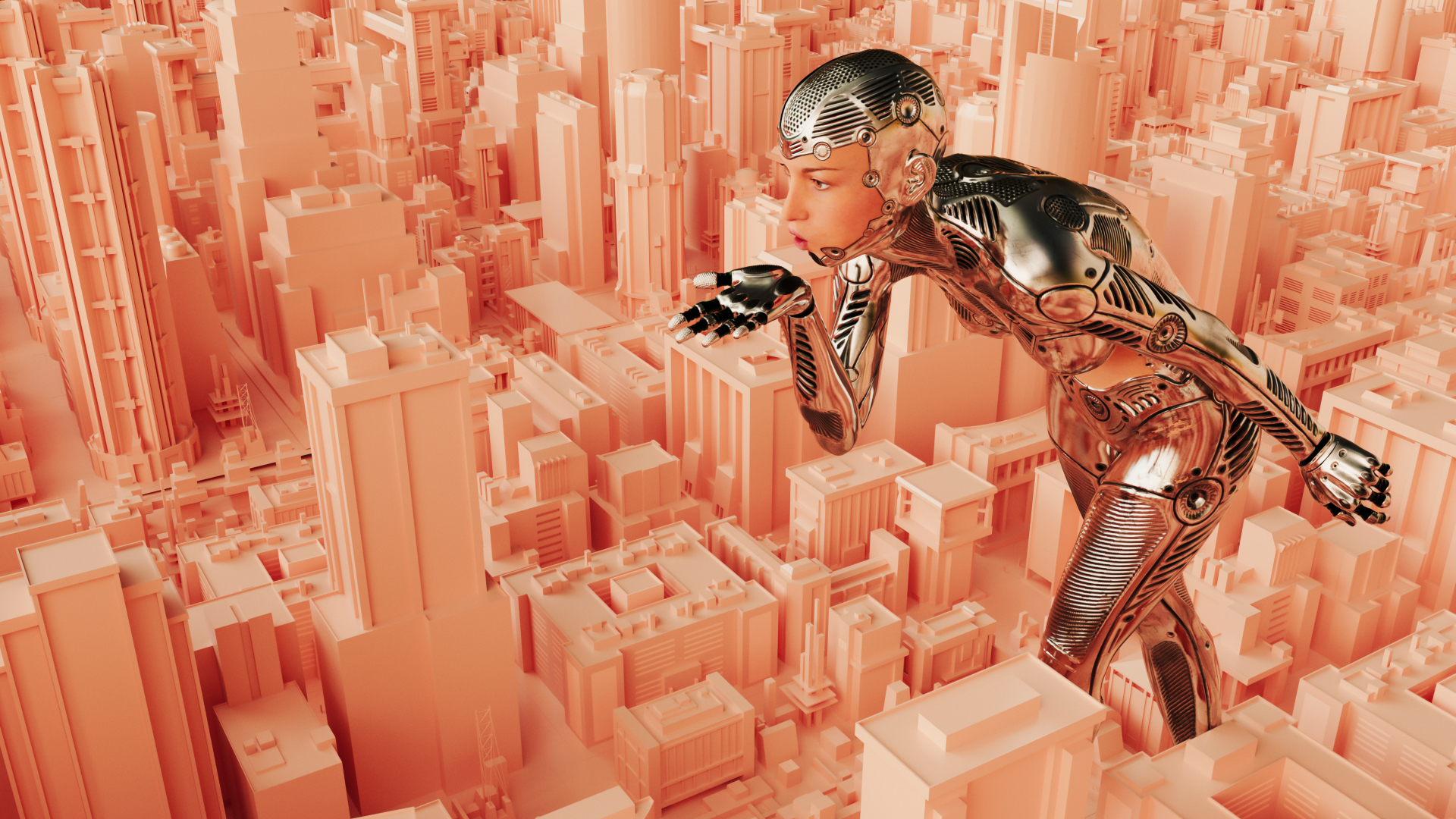 A futuristic cityscape with a giant humanoid robot figure, metallic and detailed, leaning over the buildings, set in a monochromatic orange tone.