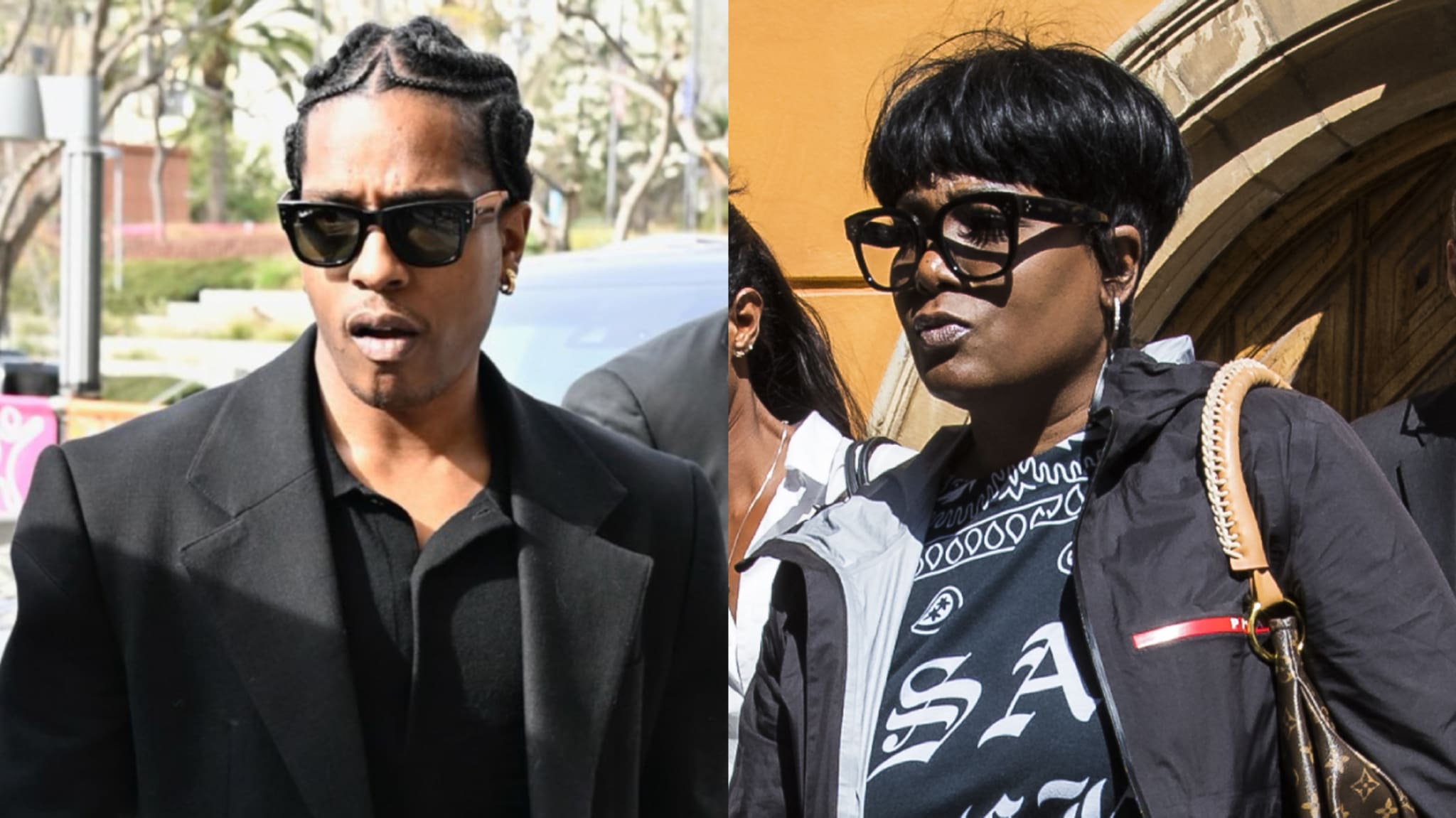 (L) A$AP Rocky wearing sunglasses and a black coat. (R) ASAP Rocky's mother, Renee Black, with short hair and sunglasses, dressed in casual attire.