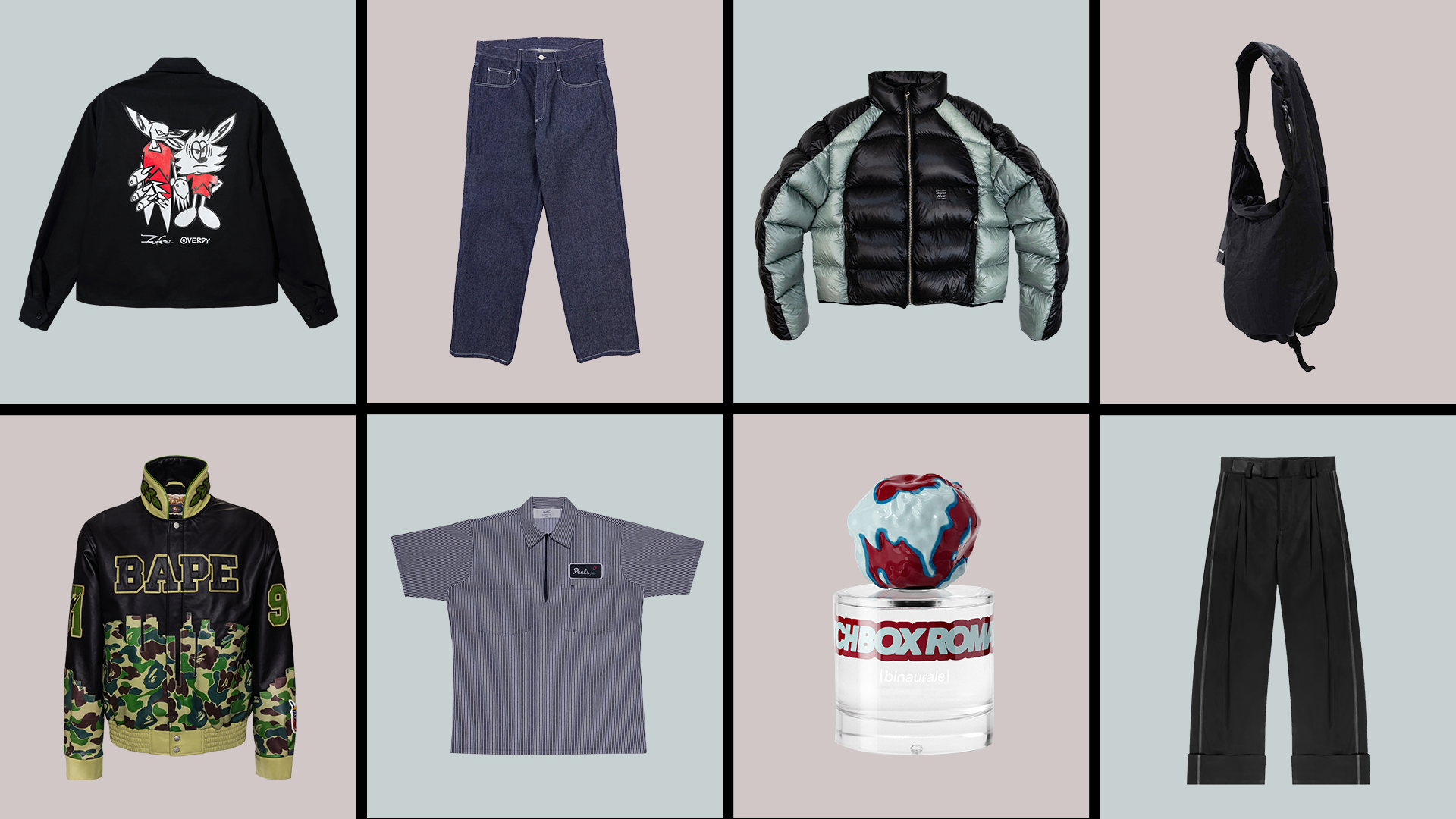 A grid of eight fashion items: a black jacket with a floral design, blue jeans, a puffer jacket, a backpack, a camo BAPE jacket, a striped shirt, a perfume, and black trousers.